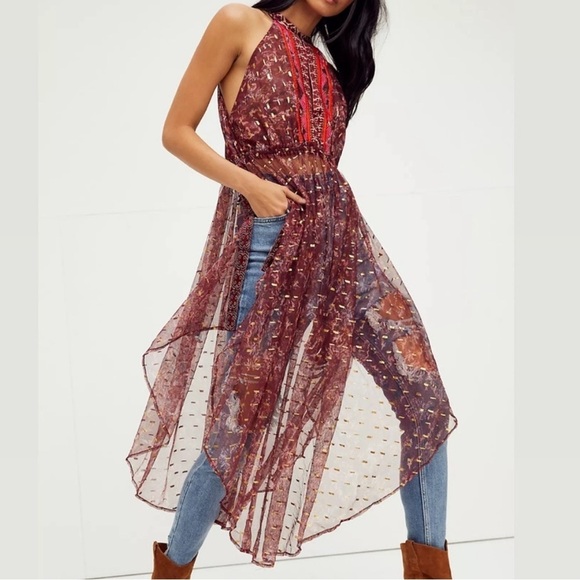 Free People Ria Wine Red & Gold Sleeveless Sheer Embroidered Maxi Top Size XS - Picture 1 of 16